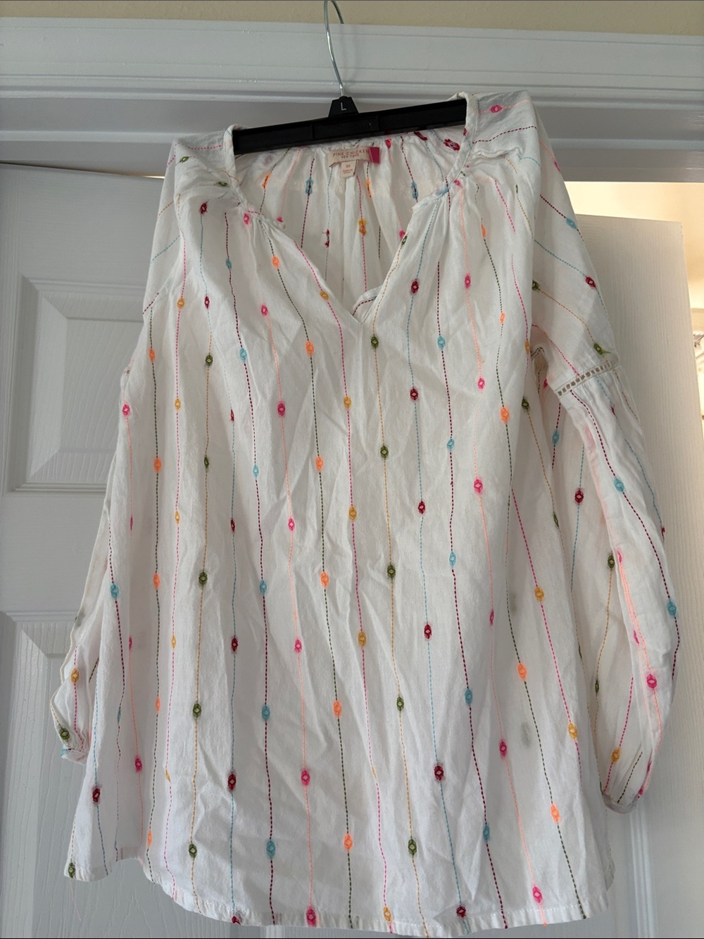 Pink chicken - white Embroidered Peasant Blouse with Colorful  detail.XS